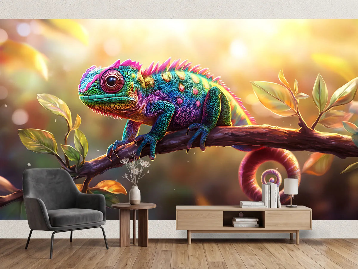 photo-wallpaper-colourful-chameleon-on-a-branch-in-golden-backlight