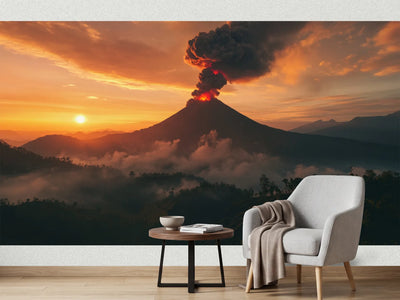 photo-wallpaper-erupting-volcano-at-sunset-with-a-glowing-ash-column-above-misty-ridges