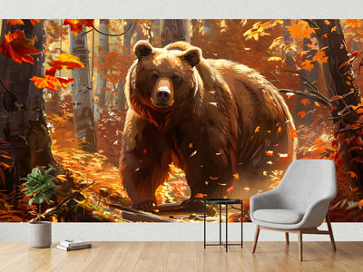 photo-wallpaper-brown-bear-in-a-glowing-autumn-forest-with-warm-backlight