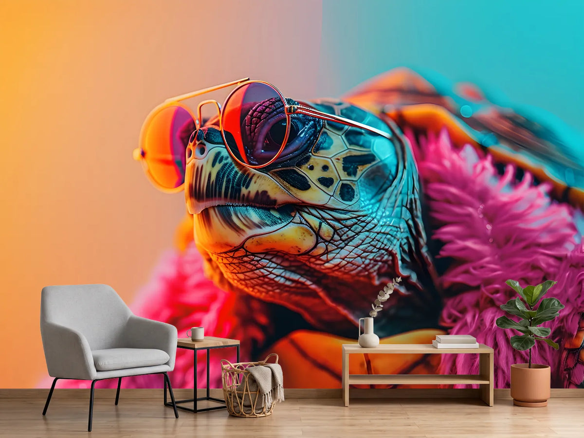 photo-wallpaper-turtle-in-round-sunglasses-against-neon-pink-and-turquoise