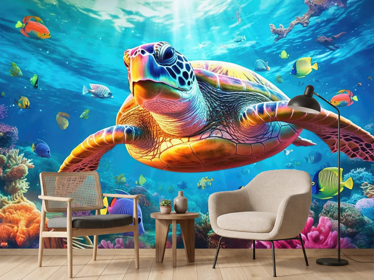 photo-wallpaper-sea-turtle-gliding-over-a-vivid-coral-reef-full-of-tropical-fish