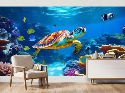 photo-wallpaper-sea-turtle-gliding-over-a-coral-reef-in-turquoise-light