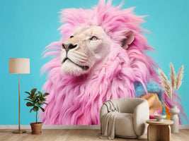 photo-wallpaper-lion-with-pink-mane-in-a-colourful-jumper-on-turquoise