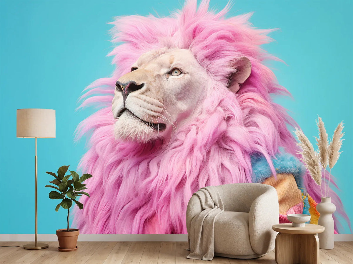photo-wallpaper-lion-with-pink-mane-in-a-colourful-jumper-on-turquoise