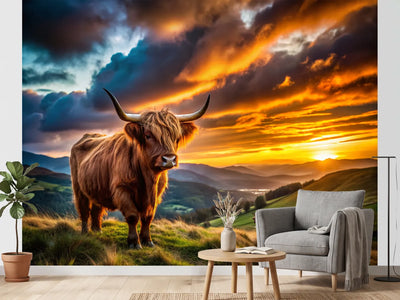 photo-wallpaper-highland-cow-on-a-green-hillside-under-a-blazing-sunset-sky