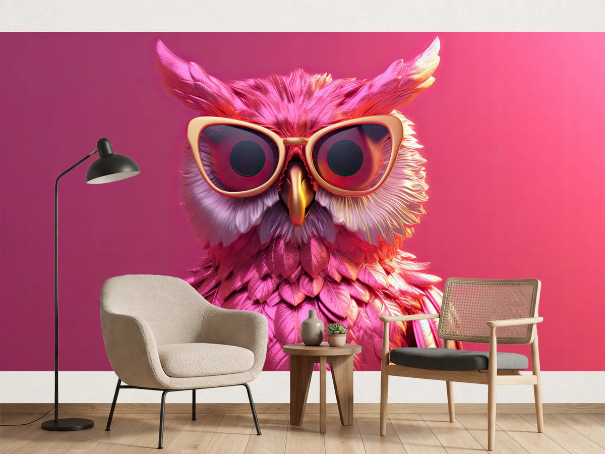 photo-wallpaper-pink-owl-in-golden-sunglasses-against-magenta