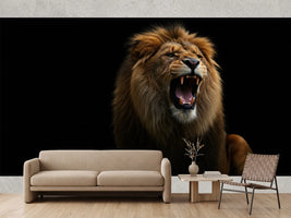 photo-wallpaper-roaring-lion-with-full-mane-against-deep-black-darkness