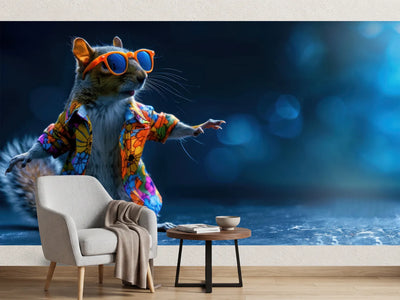 photo-wallpaper-dancing-squirrel-in-a-floral-shirt-and-orange-sunglasses-on-deep-blue