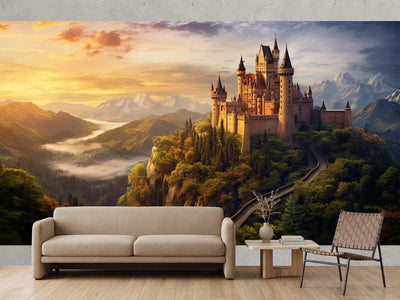 photo-wallpaper-fairytale-castle-above-a-misty-mountain-valley-at-golden-hour