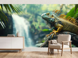 photo-wallpaper-green-iguana-perched-on-a-branch-with-a-waterfall-in-the-background