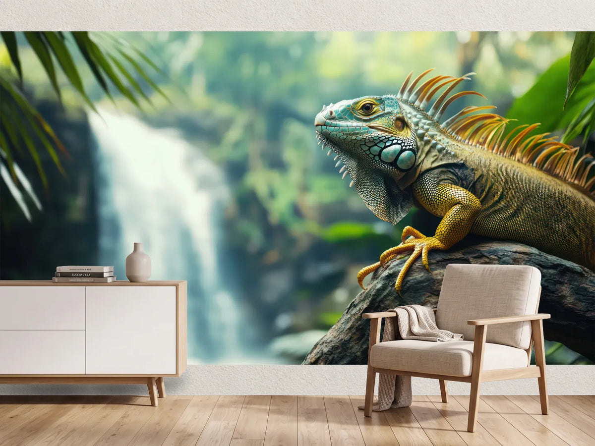 photo-wallpaper-green-iguana-perched-on-a-branch-with-a-waterfall-in-the-background