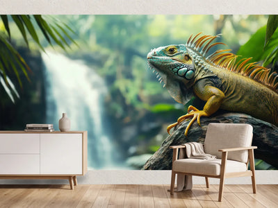 photo-wallpaper-green-iguana-perched-on-a-branch-with-a-waterfall-in-the-background