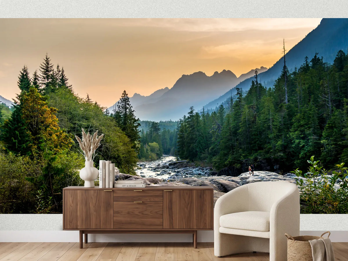 photo-wallpaper-wild-river-through-coniferous-forest-with-mountains-at-sunset