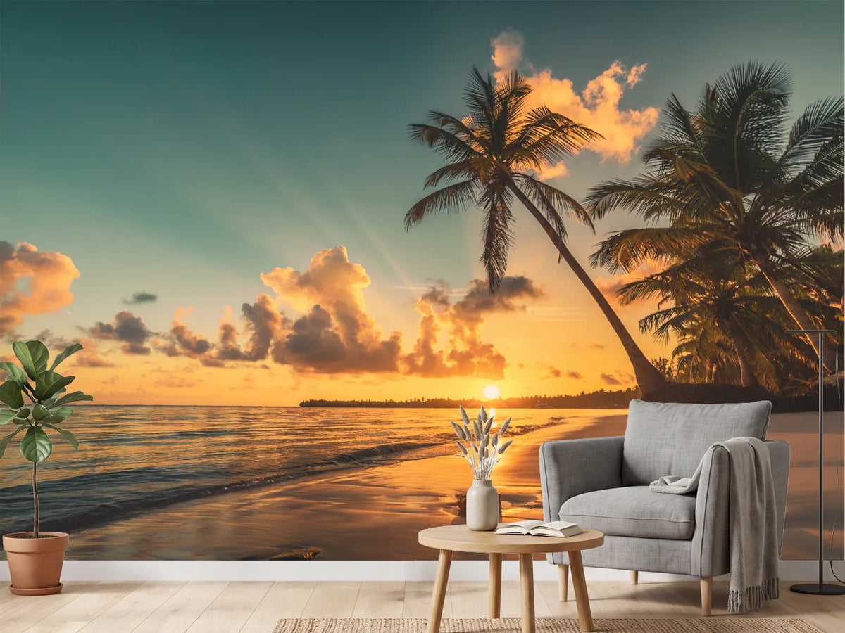 photo-wallpaper-caribbean-palm-beach-at-sunrise-over-a-glowing-sea