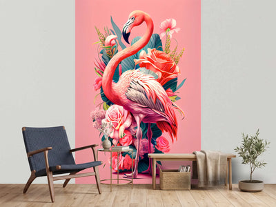 photo-wallpaper-flamingo-among-roses-and-foliage-on-soft-pink