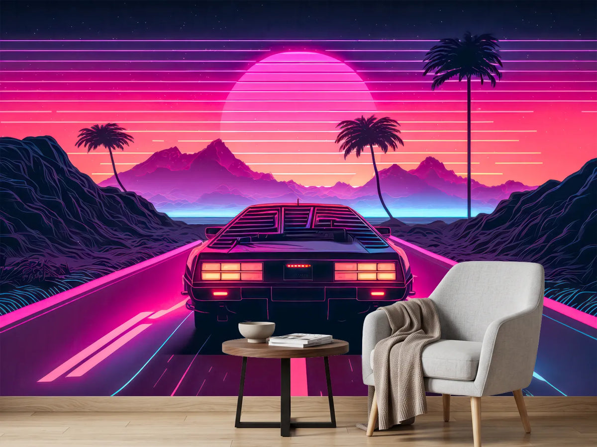 photo-wallpaper-sports-car-on-a-neon-highway-toward-a-retro-sun-with-glowing-palms