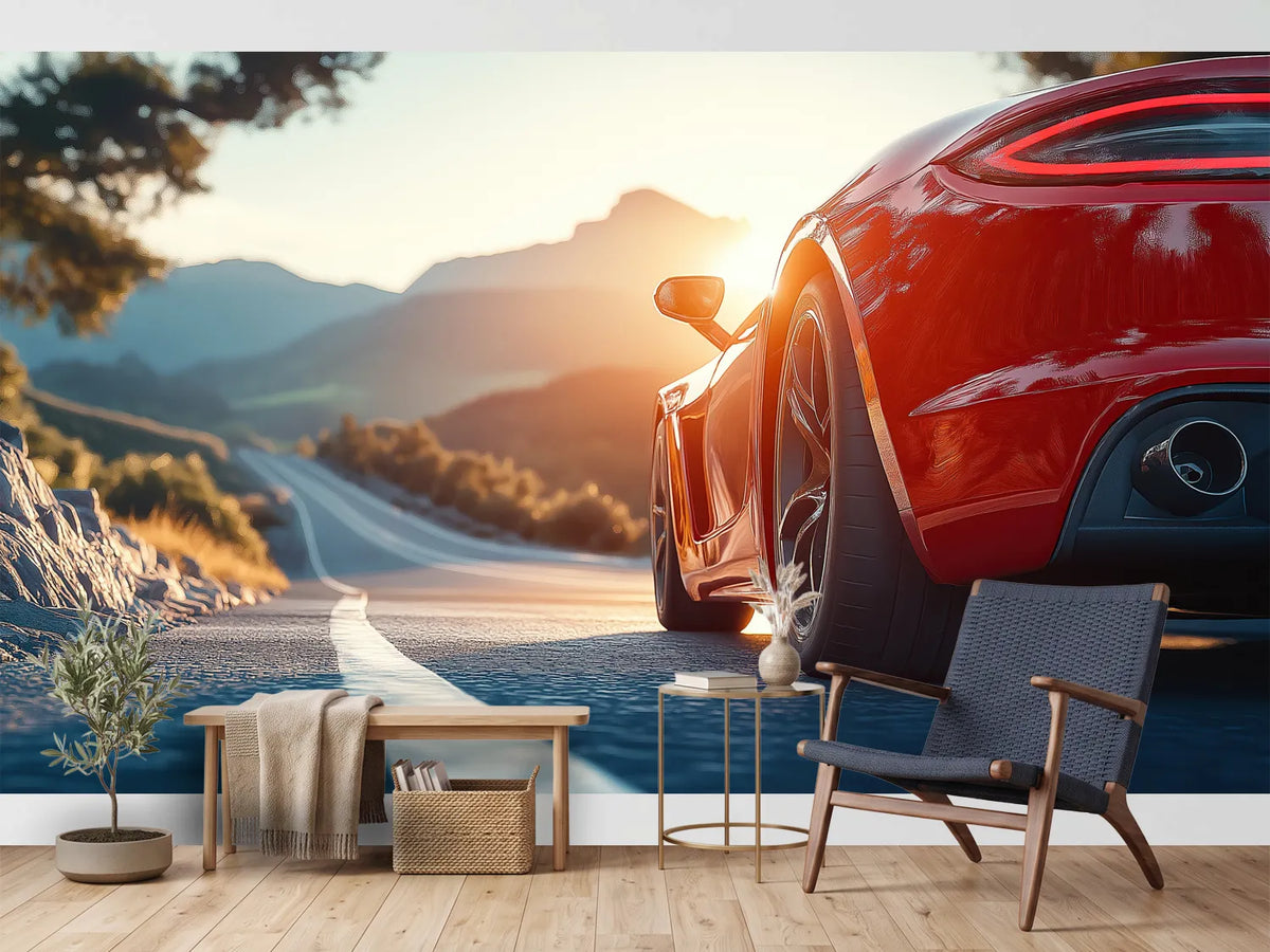 photo-wallpaper-red-sports-car-on-a-mountain-road-in-golden-evening-backlight