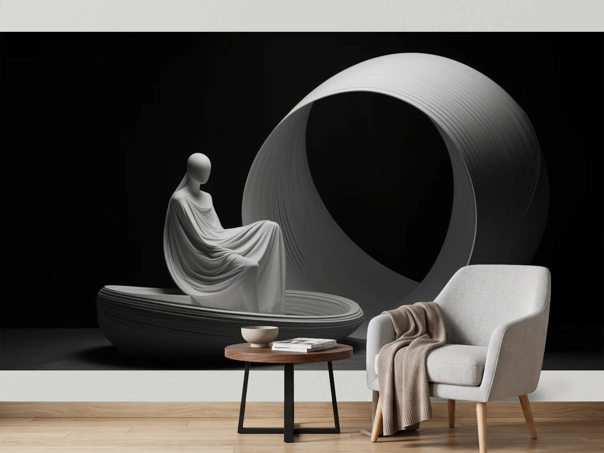 photo-wallpaper-white-draped-figure-in-a-boat-before-a-large-ring-in-black-and-white