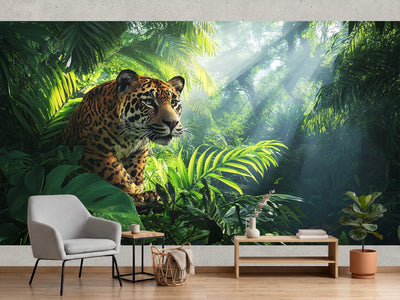 photo-wallpaper-jaguar-in-green-jungle-with-sunbeams-through-the-leaves