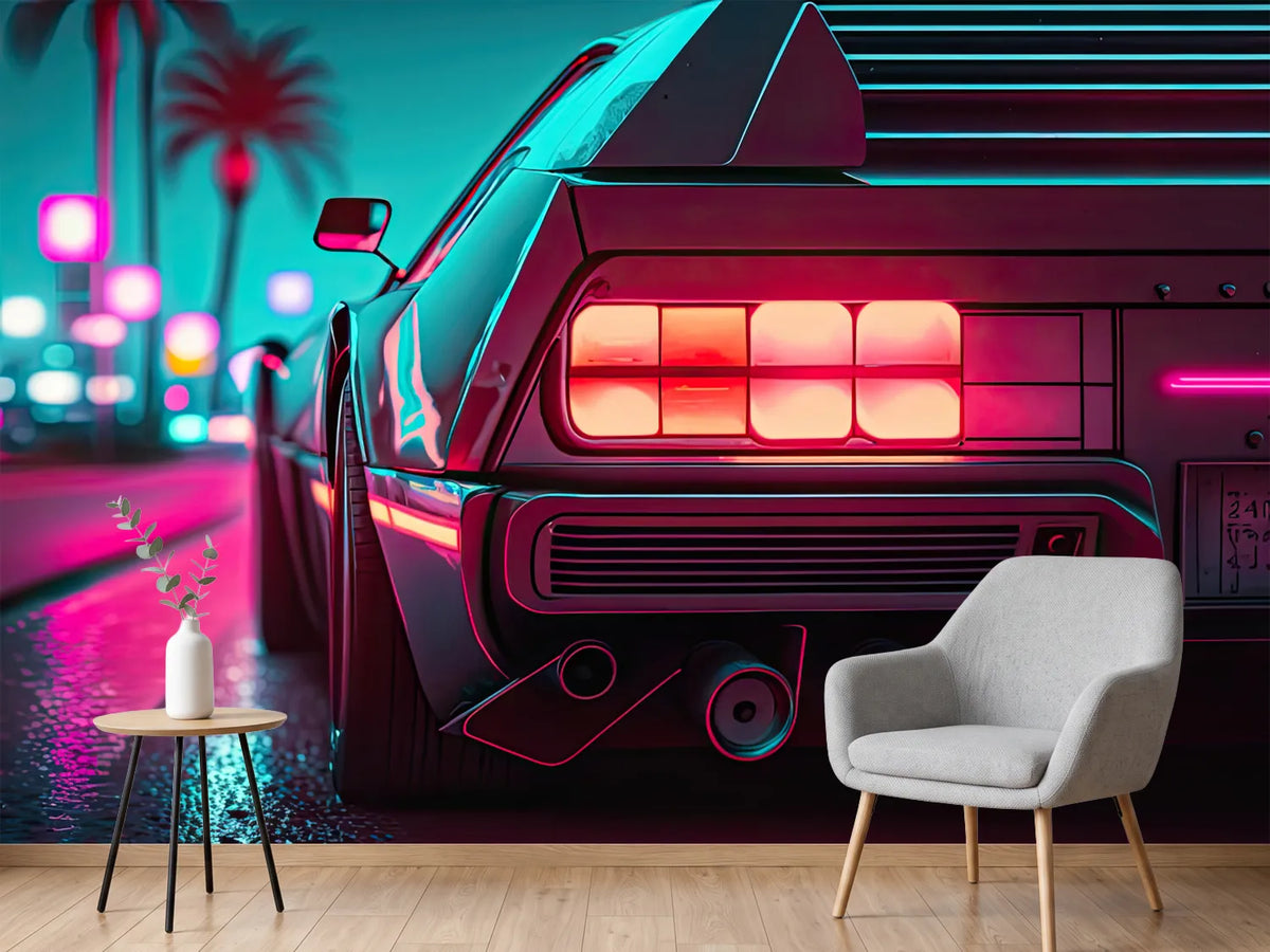 photo-wallpaper-sports-car-rear-glowing-in-neon-light-on-a-palm-lined-street
