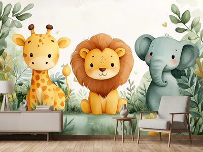 photo-wallpaper-adorable-cartoon-animals-sitting-together-in-a-jungle-setting