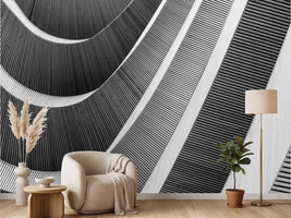 photo-wallpaper-curved-wooden-slats-sweeping-across-a-facade-in-black-and-white