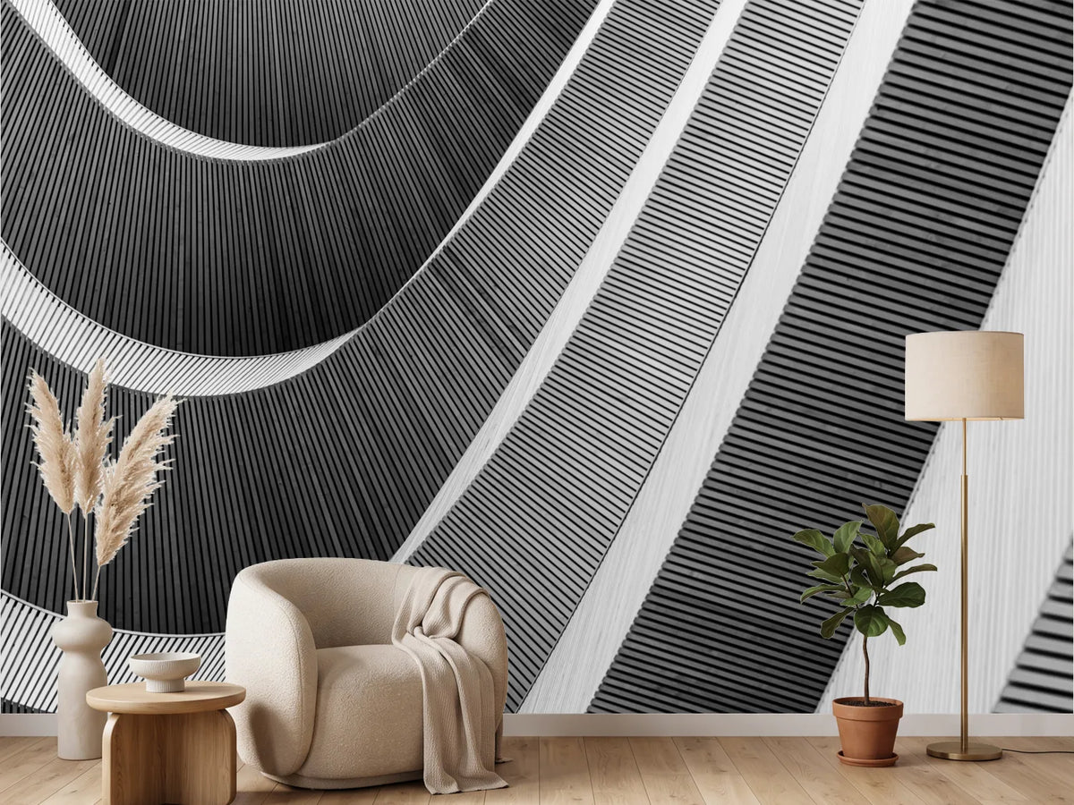 photo-wallpaper-curved-wooden-slats-sweeping-across-a-facade-in-black-and-white