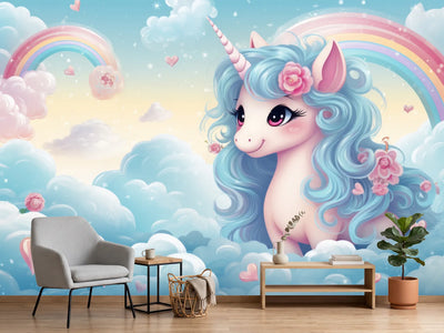 photo-wallpaper-unicorn-with-turquoise-mane-among-pastel-clouds-and-rainbows