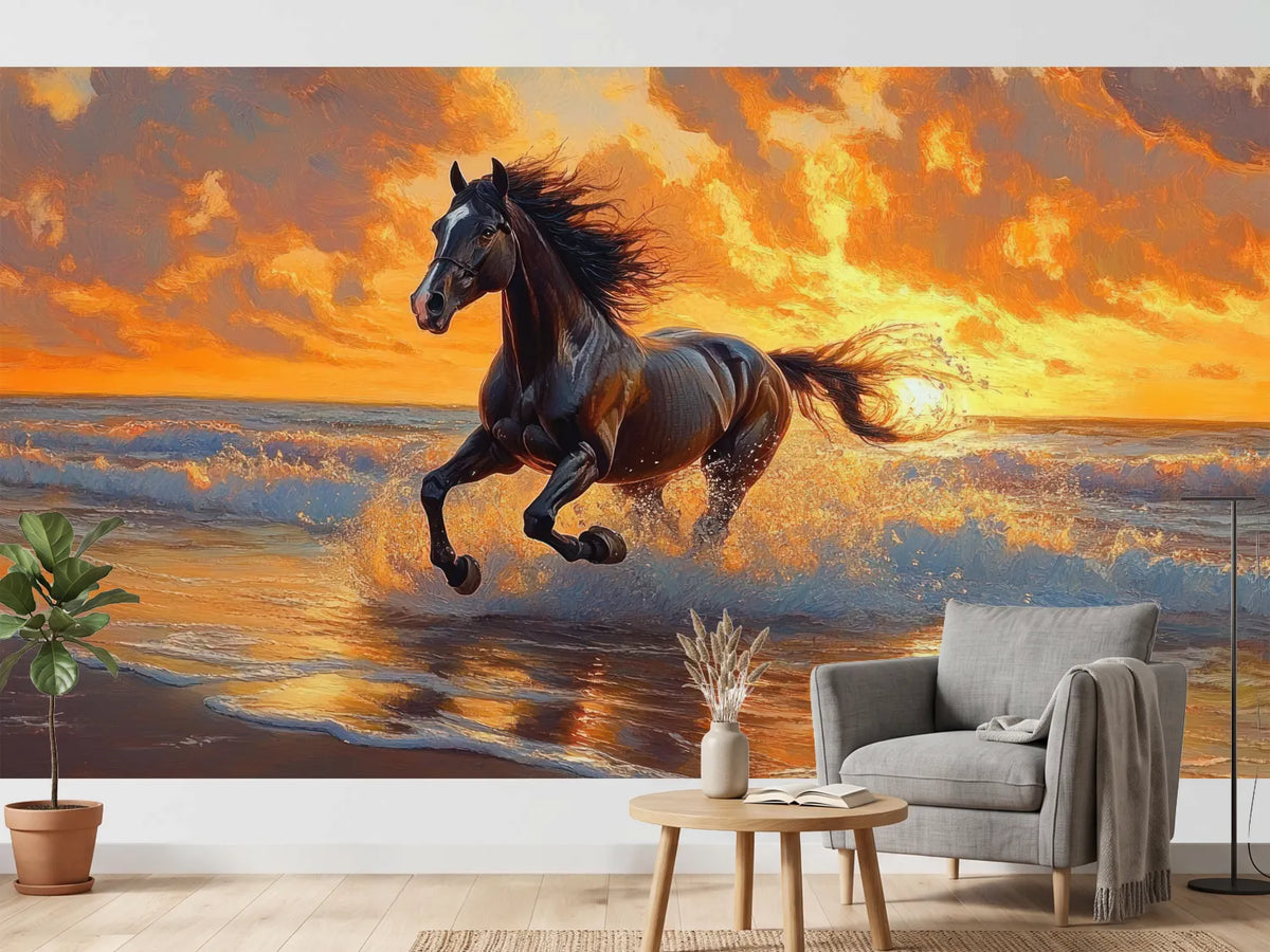 photo-wallpaper-black-horse-galloping-through-the-surf-in-golden-evening-light