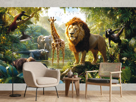 photo-wallpaper-lion-and-jungle-animals-at-a-sunlit-watering-hole