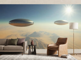 photo-wallpaper-two-ufos-hovering-over-a-desert-landscape-under-a-bright-sun