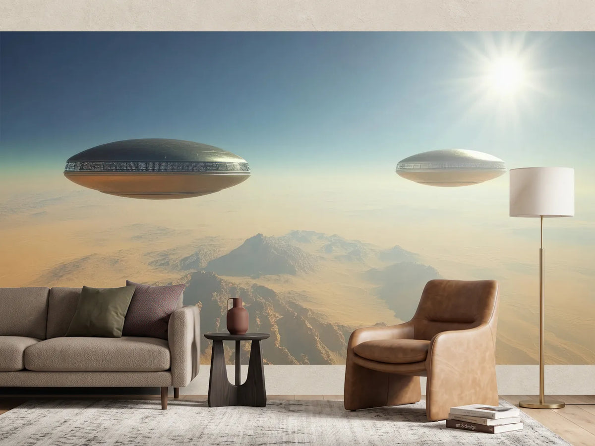 photo-wallpaper-two-ufos-hovering-over-a-desert-landscape-under-a-bright-sun
