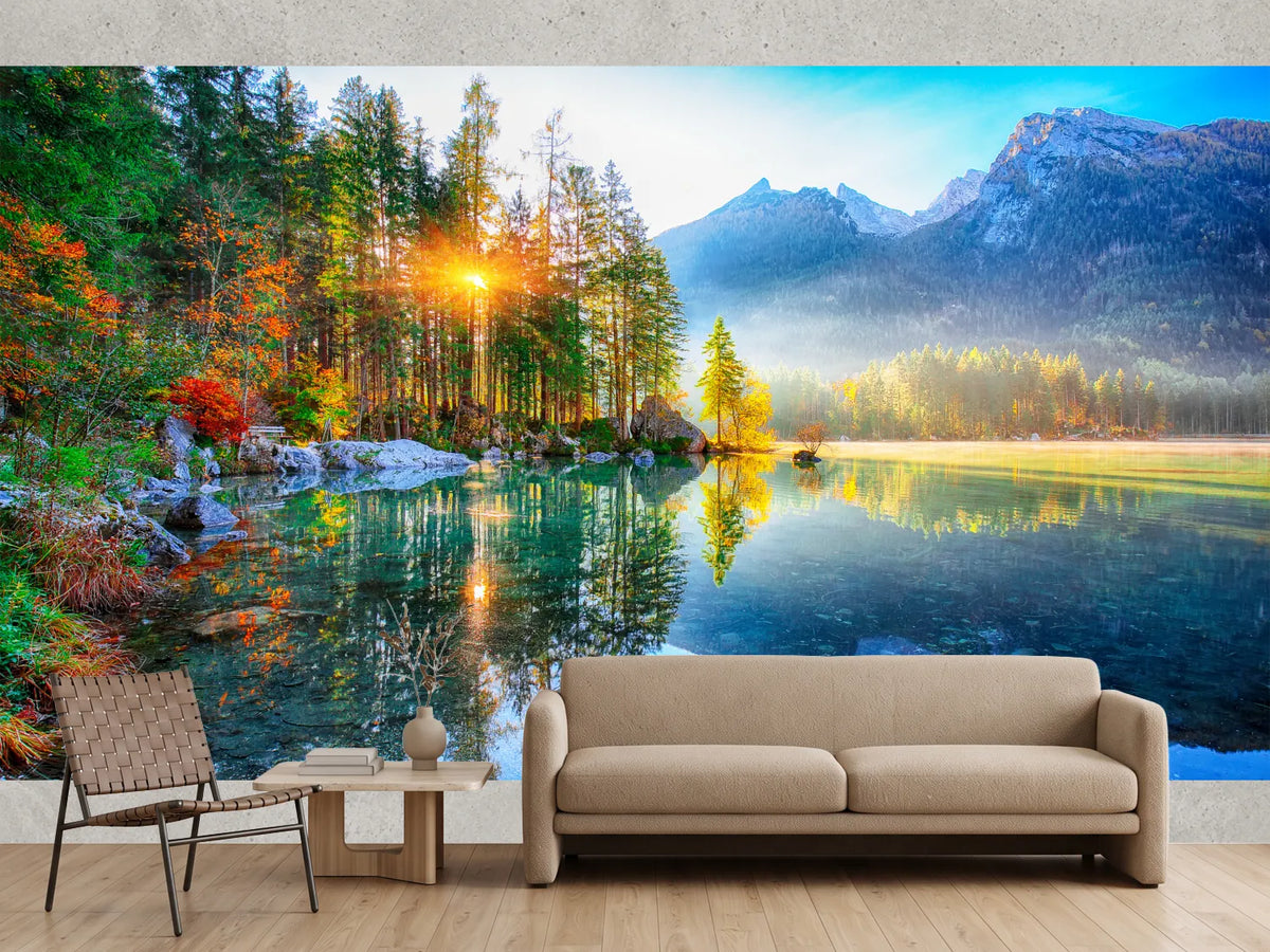 photo-wallpaper-turquoise-mountain-lake-in-autumn-with-sunburst-through-conifers