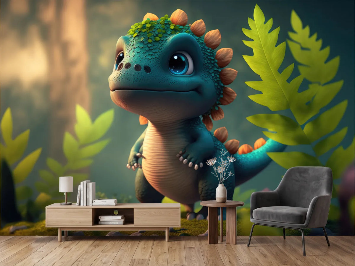 photo-wallpaper-little-dinosaur-among-ferns-in-a-soft-green-forest