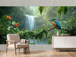 photo-wallpaper-kingfisher-on-a-branch-before-a-jungle-waterfall