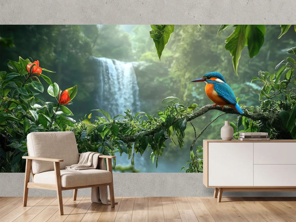 photo-wallpaper-kingfisher-on-a-branch-before-a-jungle-waterfall