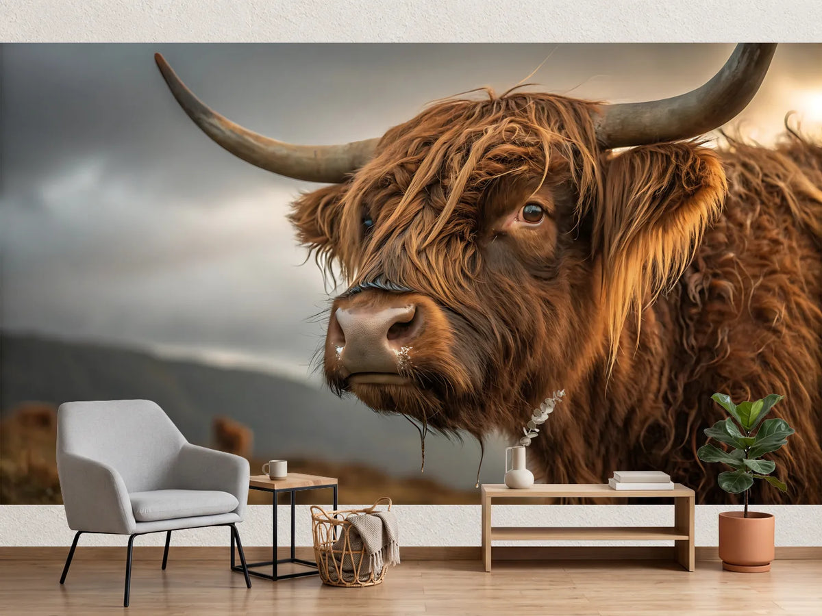 photo-wallpaper-highland-cow-close-up-with-shaggy-coat-under-a-brooding-sky