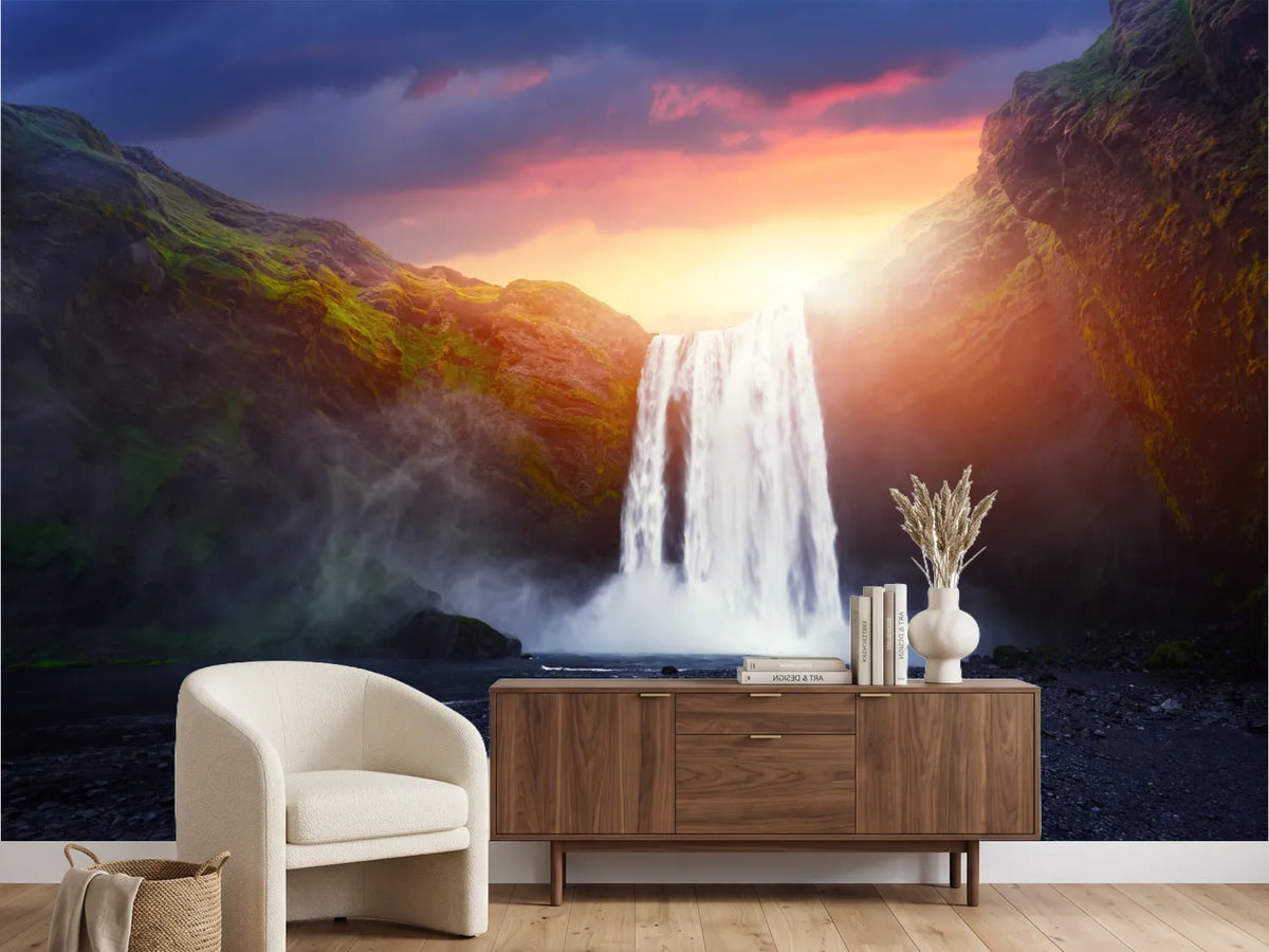 photo-wallpaper-skogafoss-glowing-at-sunset-icelands-thundering-waterfall