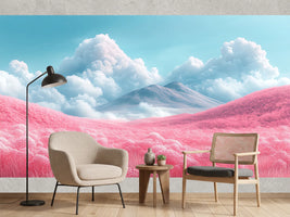 photo-wallpaper-pink-rolling-hills-before-a-volcanic-peak-under-towering-clouds