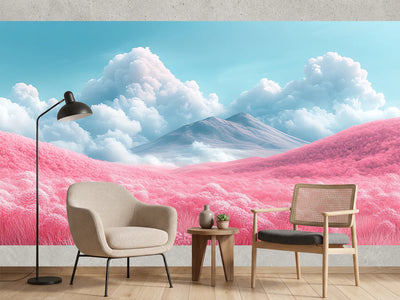 photo-wallpaper-pink-rolling-hills-before-a-volcanic-peak-under-towering-clouds