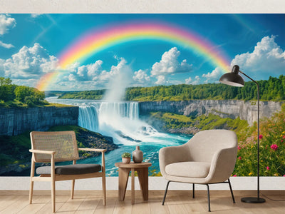photo-wallpaper-waterfall-in-a-green-gorge-beneath-a-glowing-rainbow