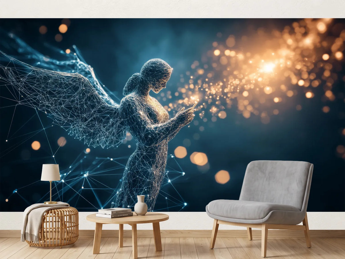 photo-wallpaper-wireframe-guardian-angel-in-blue-light-releasing-golden-sparks