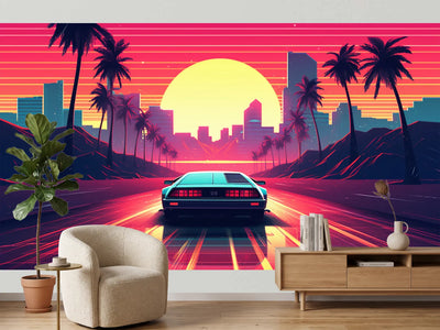 photo-wallpaper-sports-car-on-a-neon-highway-into-a-synthwave-sunset-with-palms