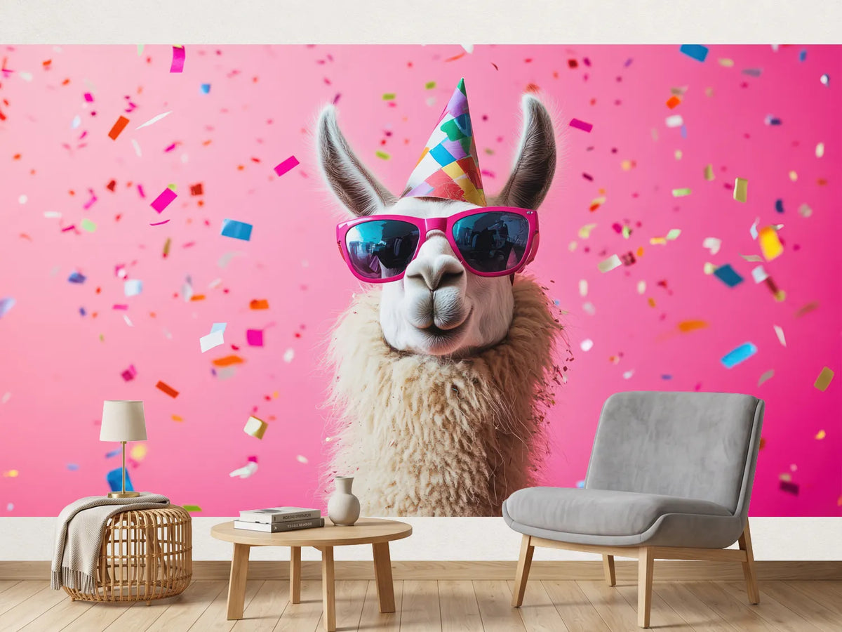 photo-wallpaper-llama-in-pink-sunglasses-and-party-hat-amid-falling-confetti