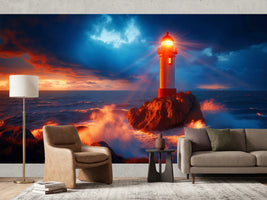 photo-wallpaper-lighthouse-on-a-rocky-reef-with-surf-in-glowing-evening-light
