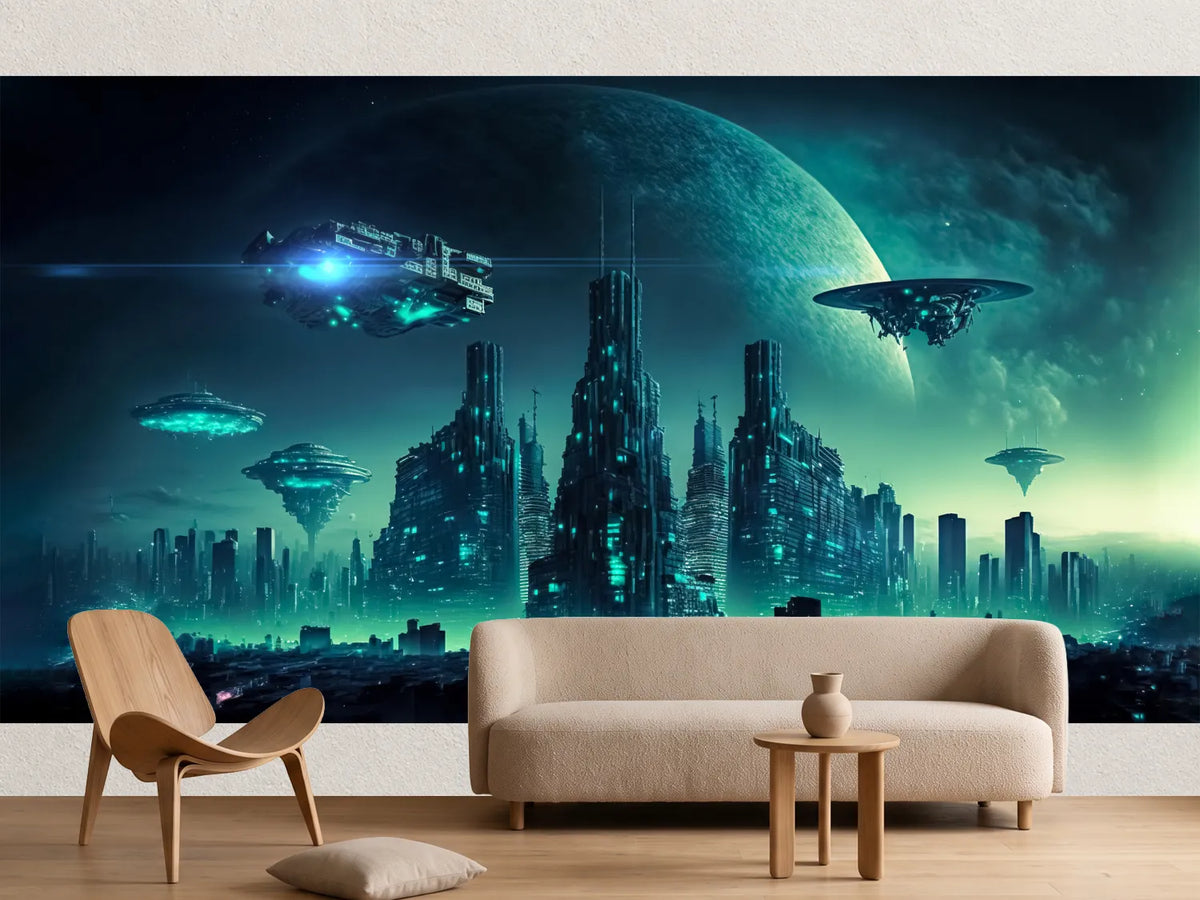 photo-wallpaper-spaceships-above-a-turquoise-lit-city-skyline-at-night