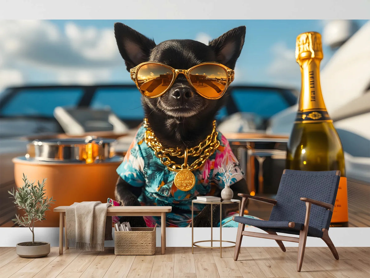 photo-wallpaper-chihuahua-in-golden-shades-and-gold-chain-on-deck-with-champagne