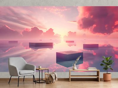 photo-wallpaper-floating-cubes-above-mirror-still-water-in-pink-sunset-light