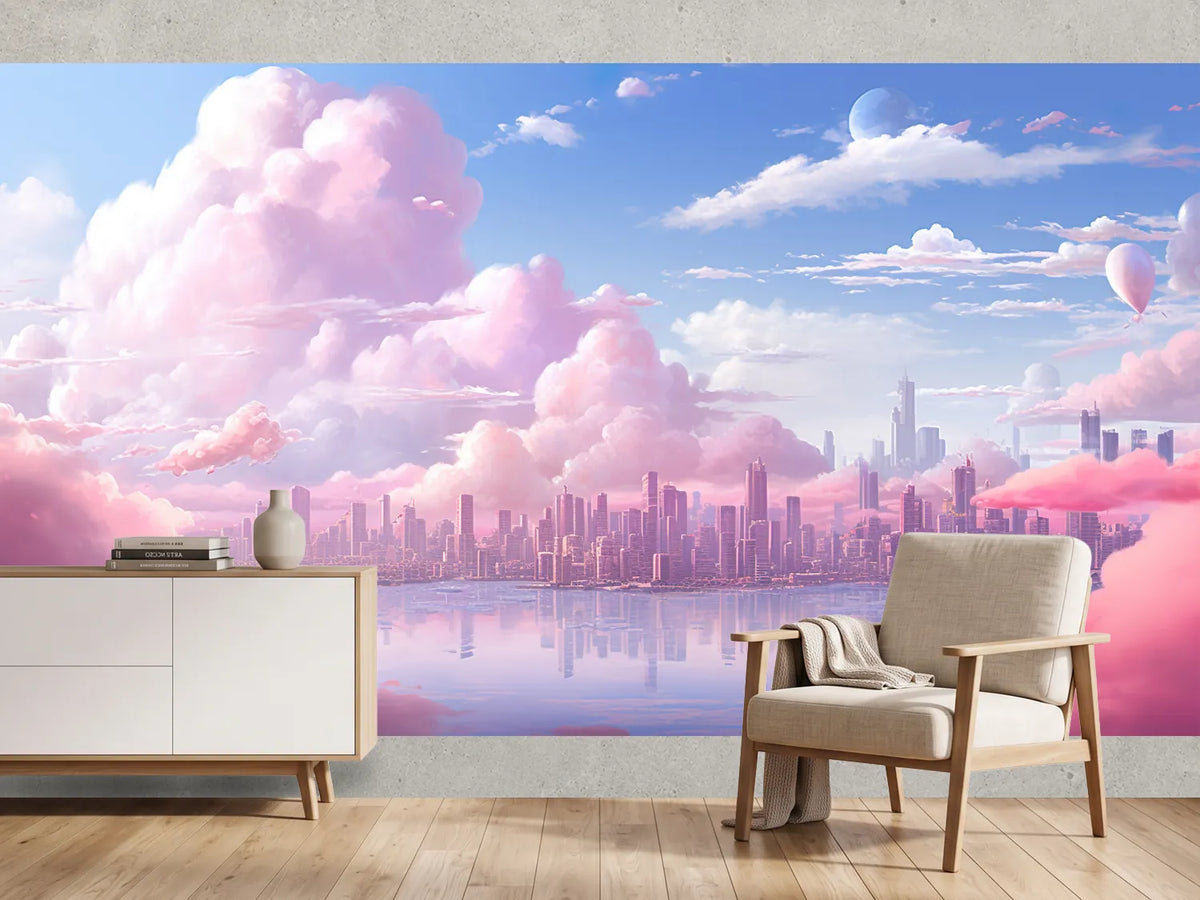 photo-wallpaper-city-skyline-behind-pink-cloud-banks-mirrored-in-still-water
