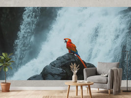 photo-wallpaper-scarlet-macaw-on-a-wet-rock-before-a-roaring-waterfall